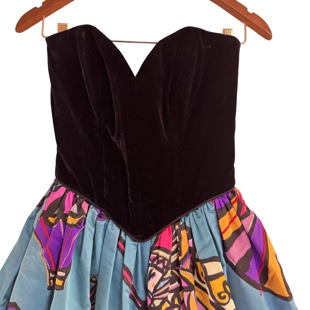 Vtg Sander Witlin Velvet Bustier Abstract Print Cocktail Dress 80s Prom Party S - Picture 4 of 10